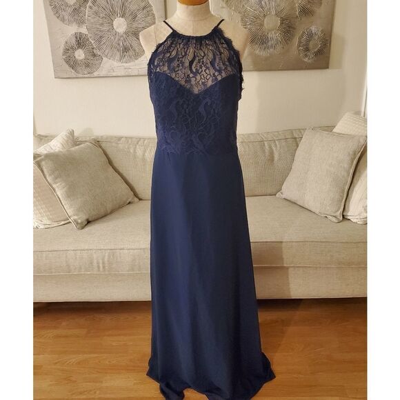 Haley Paige Lace Halter Overlay Chiffon Gown - Picture 4 of 14